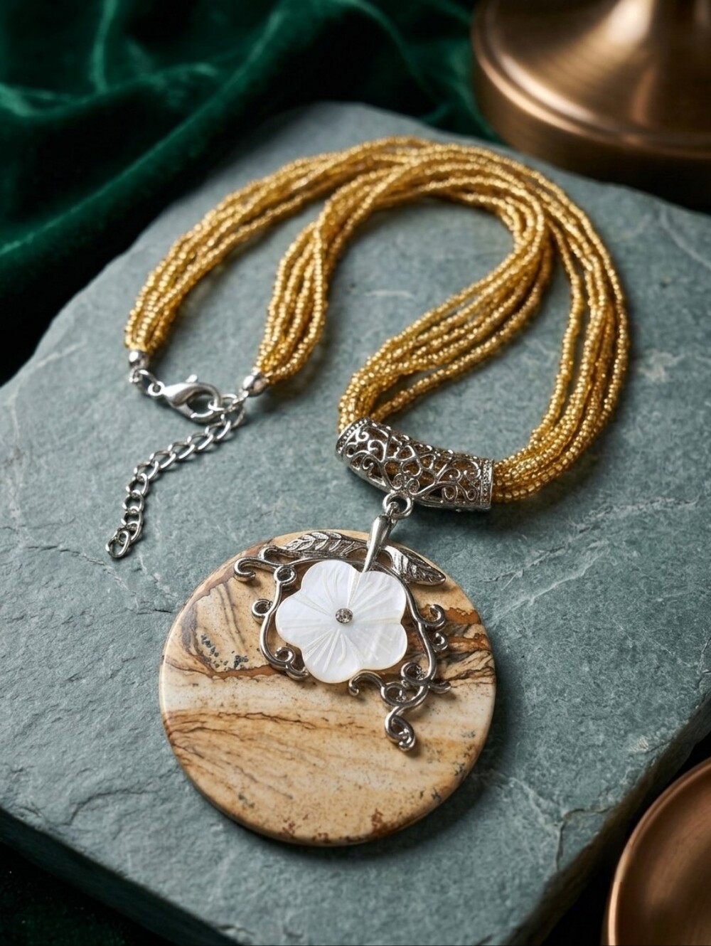 Picture Jasper Mother of Pearl Carved Flower Multi-Strand Necklace 170 CTW 20"